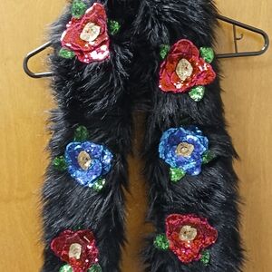 Fluffy Black Faux Fur Scarf Embellished With Sequin Flowers